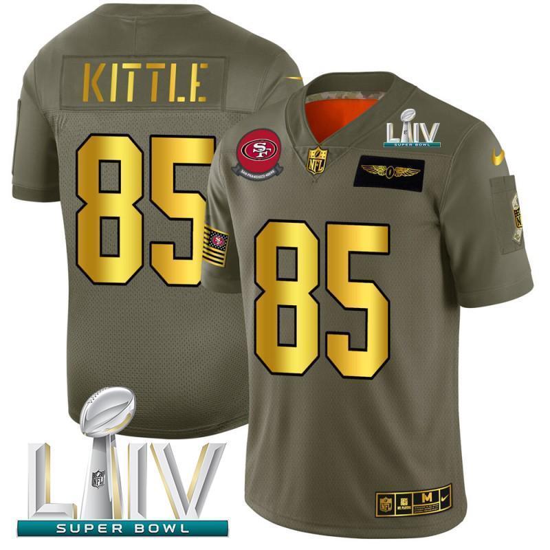San Francisco 49ers #85 George Kittle NFL Men's Nike Olive Gold Super Bowl LIV 2020 2019 Salute To Service Limited Jersey