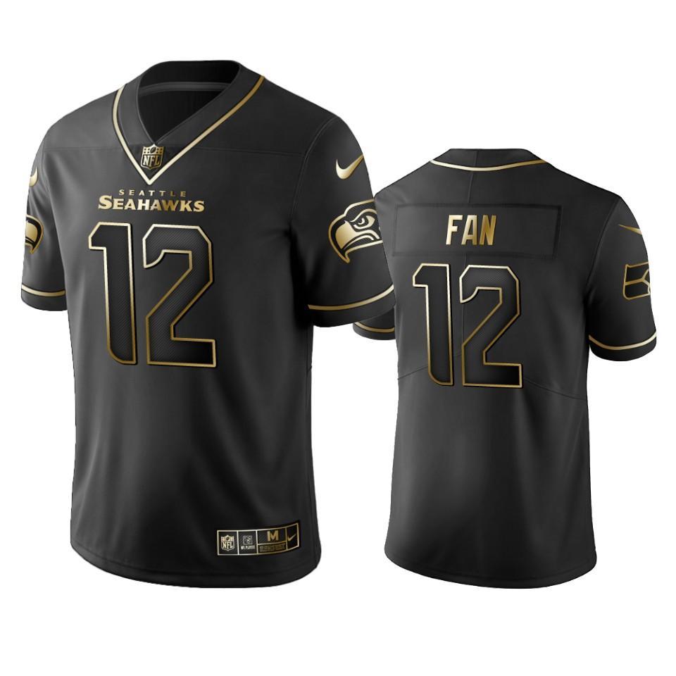 Seahawks #12 Fan Stitched NFL Vapor Untouchable Limited Black Golden Jersey