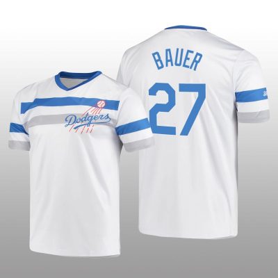 Dodgers Cooperstown Collection Trevor Bauer V-Neck Jersey White