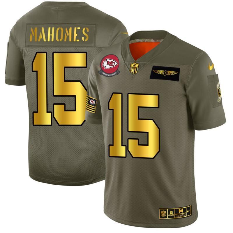 Kansas City Chiefs #15 Patrick Mahomes NFL Nike Olive Gold 2019 Salute To Service Limited Jersey