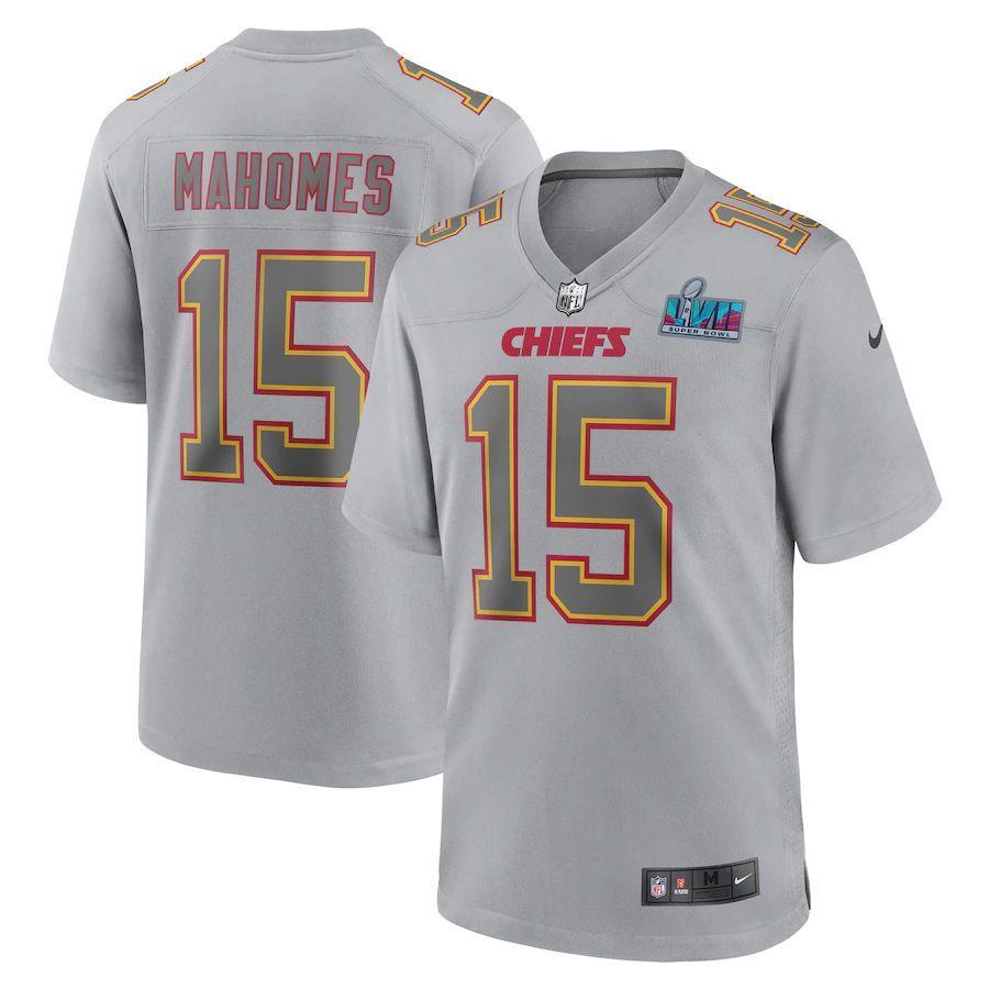 Nike Chiefs #15 Patrick Mahomes Super Bowl LVII Patch Atmosphere Fashion Game Jersey - Gray