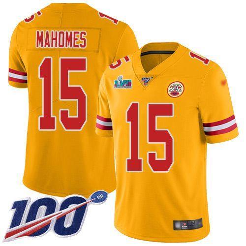 Nike Chiefs #15 Patrick Mahomes Gold Super Bowl LVII Patch Stitched NFL Limited Inverted Legend 100th Season Jersey