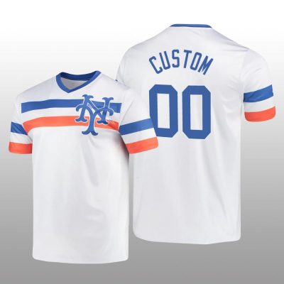 White V-Neck Men's Custom Cooperstown Collection Mets Jersey