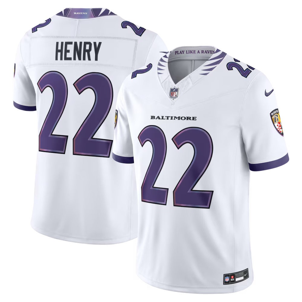 Men's Baltimore Ravens #22 Derrick Henry Nike White Vapor F.U.S.E. Sewn Down Limited Jersey