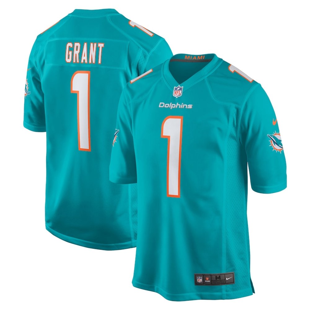 Men's Miami Dolphins #1 Kenneth Grant Nike Aqua 2025 NFL Draft First Round Pick Game Jersey