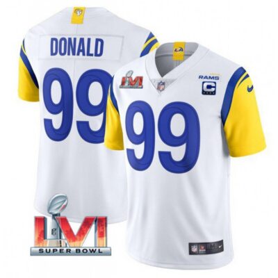 Men's Los Angeles Rams #99 Aaron Donald White 2022 With C Patch Super Bowl LVI Vapor Limited Jersey