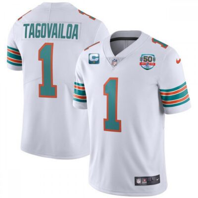 Men's Miami Dolphins #1 Tua Tagovailoa 2022 Aqua With 50th Perfect Season Patch Limited Stitched Jersey