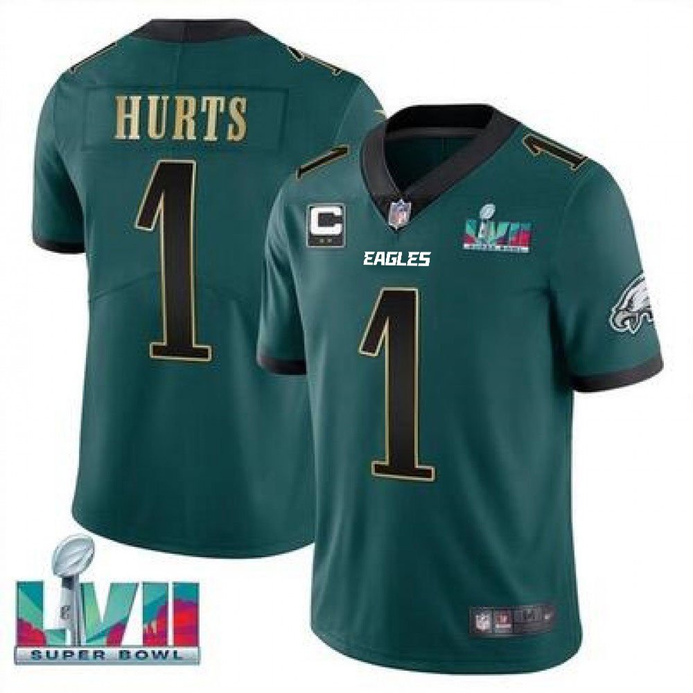 Men's Philadelphia Eagles #1 Jalen Hurts Green Golden Super Bowl LVII Patch And 2-star C Patch Vapor Untouchable Limited Stitched Jersey