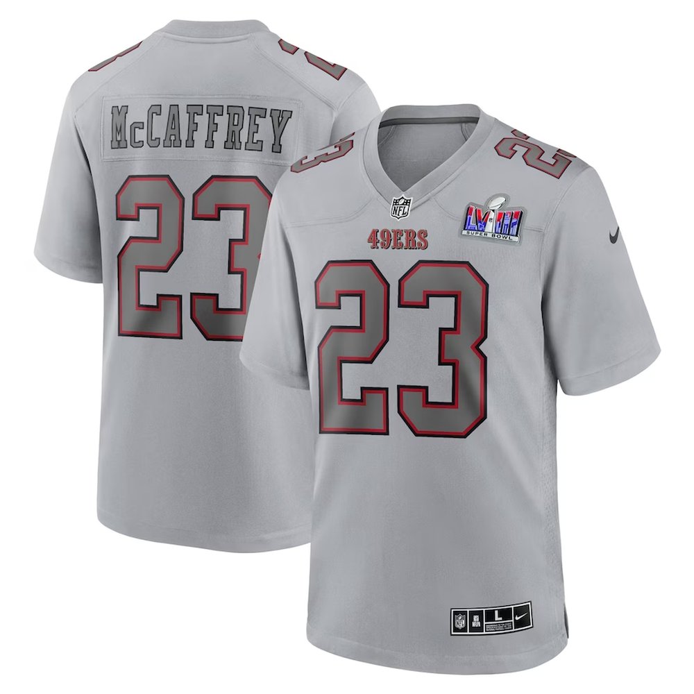 Men's San Francisco 49ers #23 Christian McCaffrey Gray Super Bowl LVIII Atmosphere Fashion Game Jersey