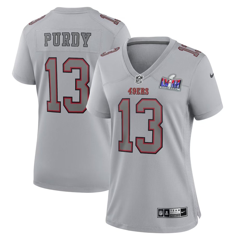 Women's San Francisco 49ers #13 Brock Purdy Gray Super Bowl LVIII Atmosphere Fashion Game Jersey