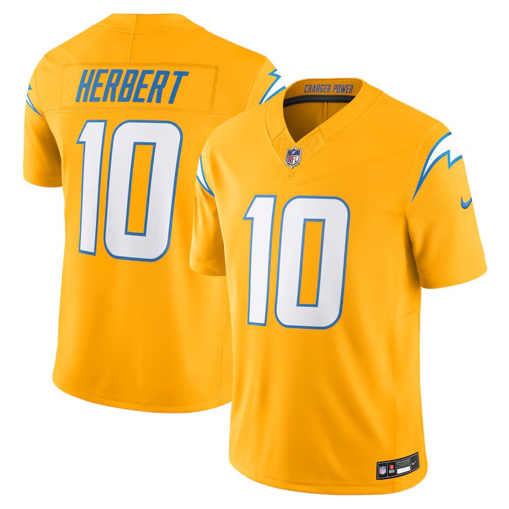 Men's Los Angeles Chargers #10 Justin Herbert Nike Gold Alternate Charger Power Vapor F.U.S.E. Limited Jersey
