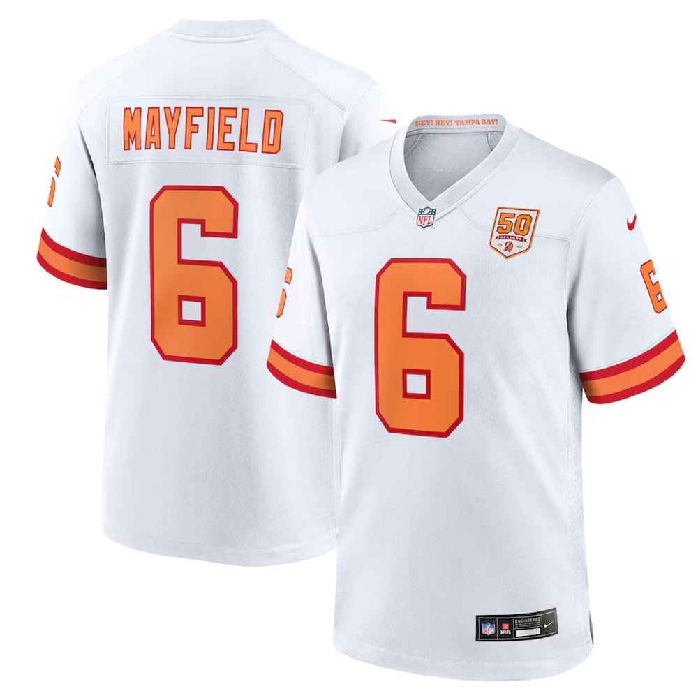 Men's '76 Tampa Bay Buccaneers #6 Baker Mayfield Nike White 50th Season Game Jersey